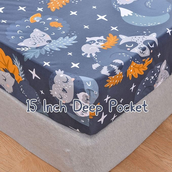 JSD Forest Animals Kids Sheet Set Twin Size, 3 Piece Navy Blue Owl Microfiber Bed Sheets Deep Pocket