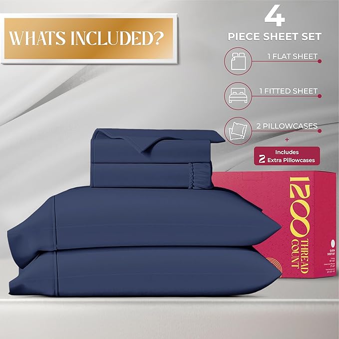 Mayfair Linen 100% Egyptian Cotton Sheets King Size - 1200 Thread Count King Size Sheets Set Egyptian Cotton, 4 PC Luxury Bedsheet (Navy Blue), Soft, Cooling, 17" Deep Pocket Sateen Weave Bedsheet Set