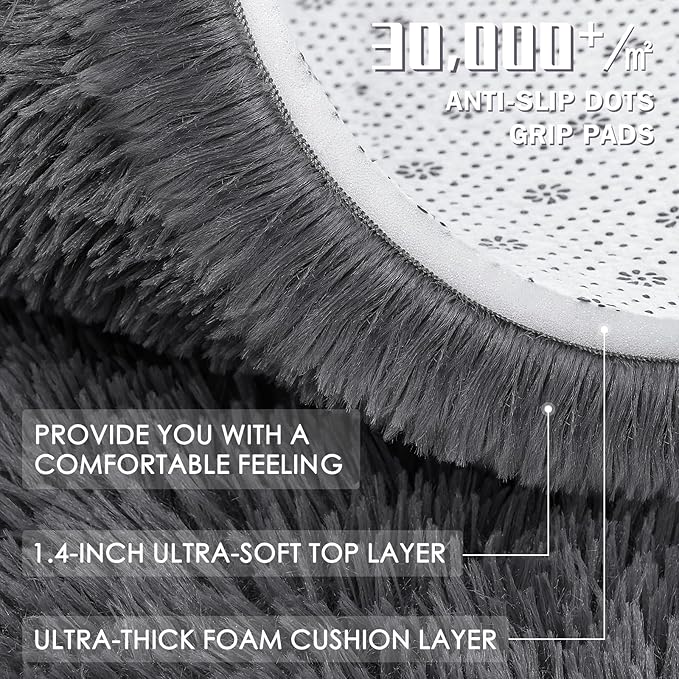OLANLY Grey Round Rugs for Bedroom - Machine Washable, 3 ft Circle Area Rugs for Living Room, Soft and Fluffy Shaggy Carpet for Teen Girls and Boys, Nursery Rooms, Dorms, Home Decor Aesthetic