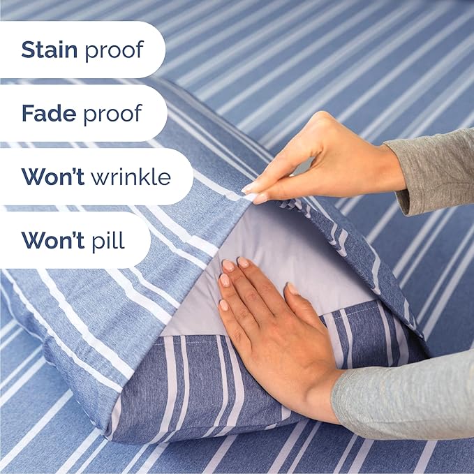 Queen 6 Piece Sheet Set - Cooling, Comfy & Breathable - Hotel Luxury Bedding, Includes Fitted Sheet for Women, Men, Kids & Teens - 1 Flat, 1 Fitted Sheet, 4 Pillowcases w/Deep Pockets - Blue Stripes