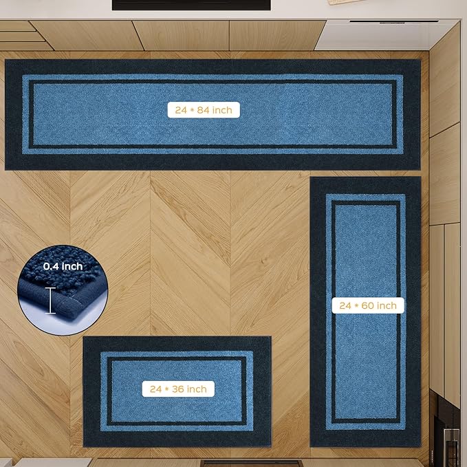 Kitchen Rugs 24" x 70", Non-Slip Machine Washable Kitchen Runner Rugs Floor Mats, Absorbent Comfort Standing Mats for Kitchen, Sink, Laundry and Hallway, Rolled Packaging, Light Blue & Navy
