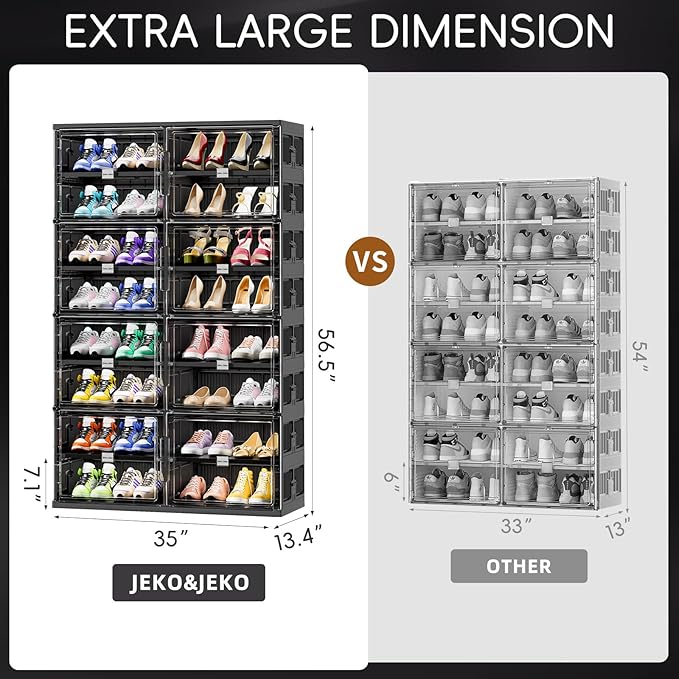 JEKO&JEKO 8 Tiers Foldable Shoe Rack Organizer Cabinet for Closet Entryway, Large Collapsible Shoe Storage Box with Magnetic Doors (Black)