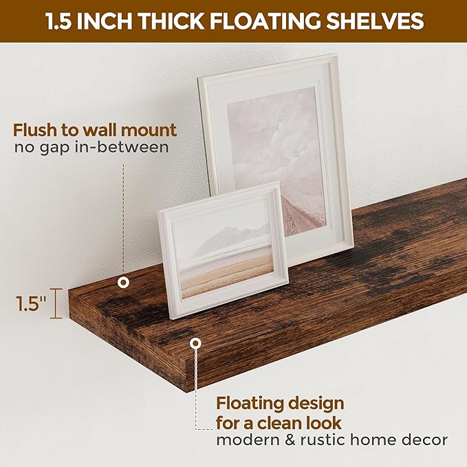 Floating Shelves 16 Inch Long, Wall-Mounted Bathroom Shelves Set of 2, 9.3 Inch Deep Shelf for Home Storage & Display, Wooden Deep Wall Shelves for Bedroom, Living Room, Kitchen, Rustic Brown