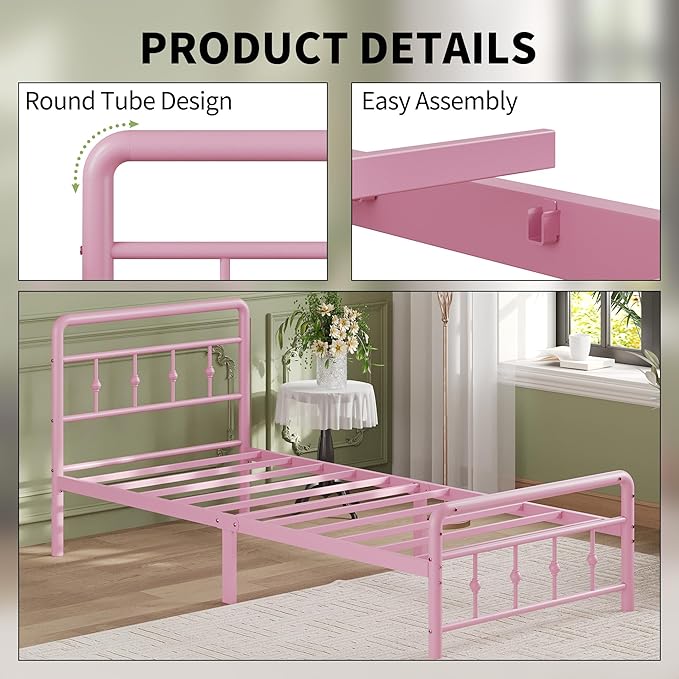 12 Inch Twin XL Bed Frames with Headboard and Footboard, Heavy Duty XL Twin Metal Mattress Foundation No Box Spring Needed, Noise Free, Easy Assembly, Pink