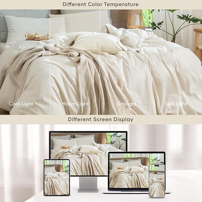 MooMee Striped Duvet Cover Set 100% Washed Cotton Linen Like Textured Breathable Durable Soft Comfy (Almond Milk Grey Pinstripes, Twin 68"x90")