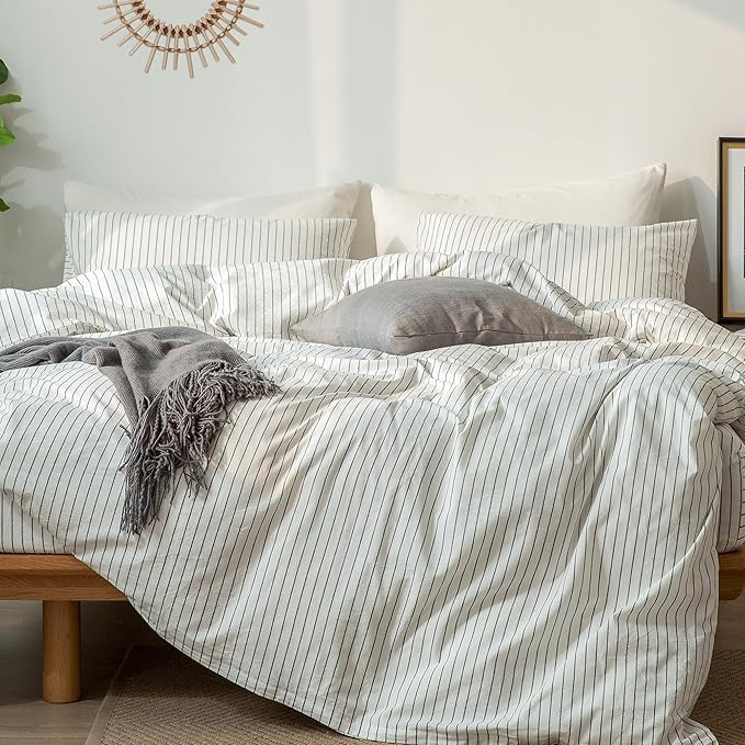 MooMee Striped Duvet Cover Set 100% Washed Cotton Linen Like Textured Breathable Durable Soft Comfy (White Dark Grey Wide Stripes, Palatial King/Oversized King 120"x98")