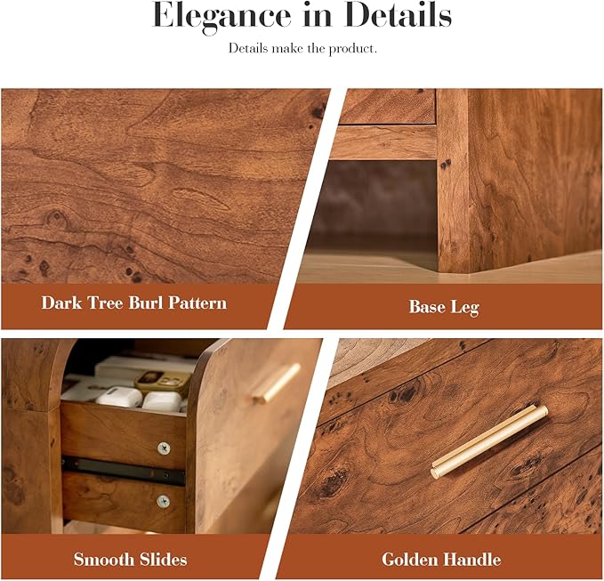 Farmhouse Nightstand, 23.5" Curved Modern Night Stand with 3-Drawer, Bedside Table, End Table for Bedroom, Storage Cabinet for Living Room Home Office Entryway, Dark Burl