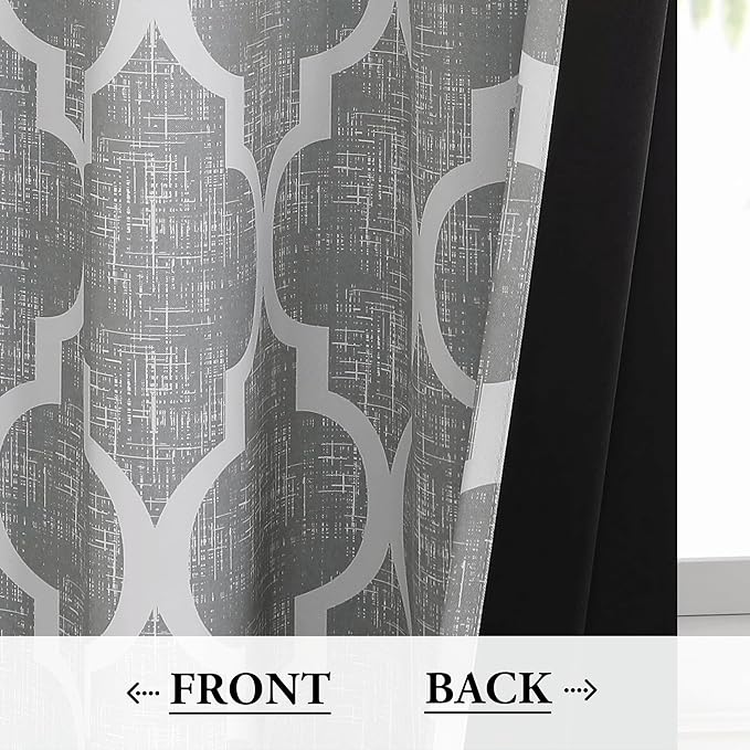 Beauoop 100% Blackout Curtains 90 Inches Long 2 Panels for Bedroom Living Room Grey Moroccan Geo Room Darkening Thermal Insulated Soundproof Grommet Top Window Treatments Drapes, 50x90 Set of 2