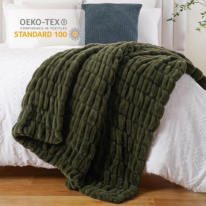 BATTILO HOME Olive Green Faux Fur Throw Blanket for Bed, Double Side Reversible Ruched Faux Rabbit Fur Throw for Couch, Bed, Super Soft Blanket Cozy Warm Mink Blanket, 50"x60"