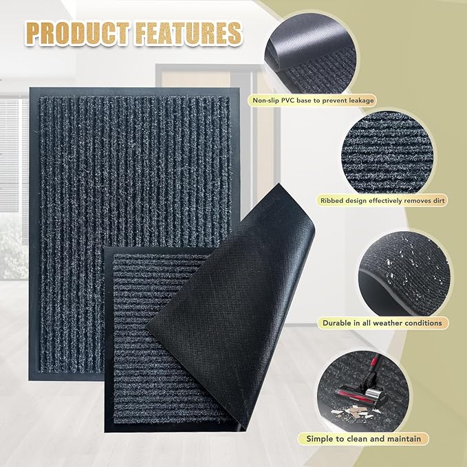 Front Door Mat,2'x3'Indoor Outdoor Door Mat,Heavy Duty Durable Welcome,Commercial Floor Mats Inside Outside Entrance, Waterproof All-Season, All-Weather Non Slip Backing Doormat for Entryway,Black