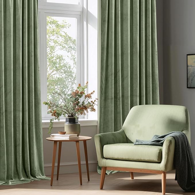 StangH Sage Green Velvet Curtains for Living Room Super Soft Thermal Insulated Privacy Protection Room Darkening Drapes for Bedroom/Nursery, W62 x L96, 2 Panels