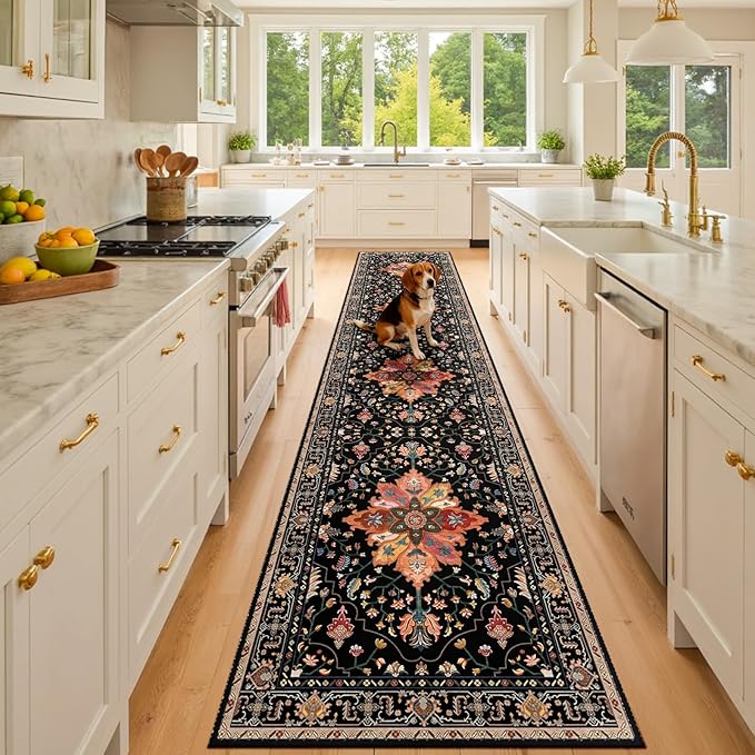 Area Rugs 2'6''x10' Washable Non-Slip, Floral Vintage Distress Print Pattern Medallion Carpet for Living Room Bedroom Dining Room, Black Colorful Floral Dark Tan