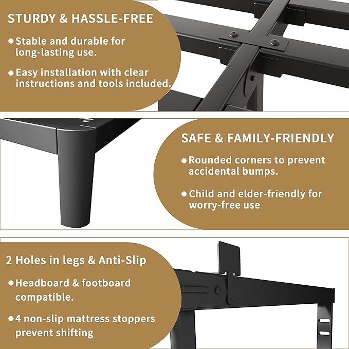 ITIMIDI 10 Inch Full Bed Frames, Platform Bed with Metal Gaskets, No Box Spring Needed, Heavy Duty Steel Slat Support, Anti-Slip Mattress Stopper, Round Corner Leg, Easy Assembly, Black