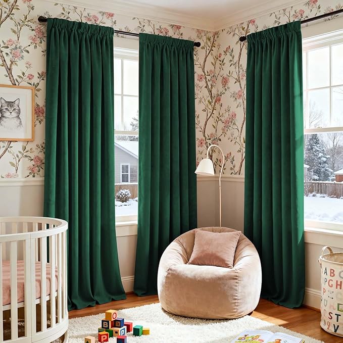 Lazzzy Velvet Blackout Curtains Thermal Insulated Room Window Drapes Super Soft Luxury Curtains for Living Room Bedroom Rod Pocket 2 Panels, Emerald Green, 52" W x 96" L
