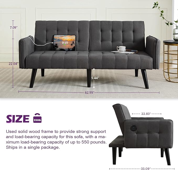 TYBOATLE 65“ Convertible Futon Sofa Bed w/ 2 USB, Upholstered Tufted Small Adjustable Folding Couch Loveseat, Modern Mid Century Sleeper Sofa for Living Room, Bedroom, Apartment, Office (Dark Grey)