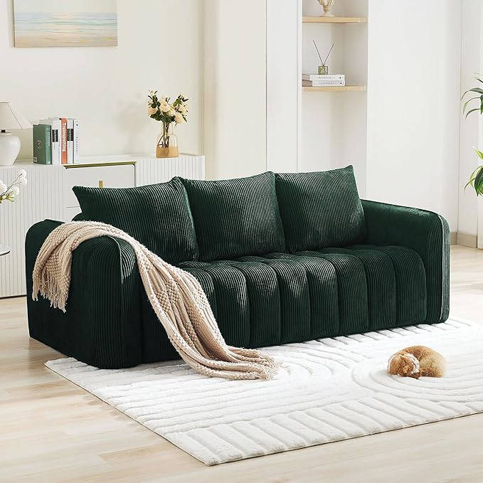 Corduroy Boneless Living Room Sets, Modern Upholstered 3 Seater Sofa with 2 Signle Accent Chairs, Comfy Deep Seat Cloud Sofa Couch Sets for Living Room, Green