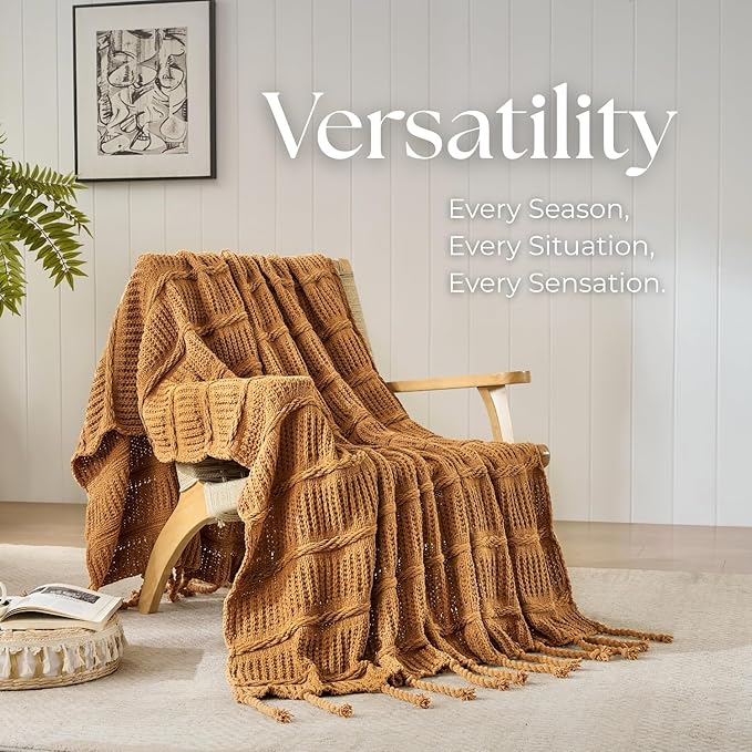 Boho Knitted Chenille Blanket with Tassels - Lightweight & Soft All-Season Throw - 3D Classic Pattern for Living Room Bedroom Couch, Amber Brown, Throw 50"x60"