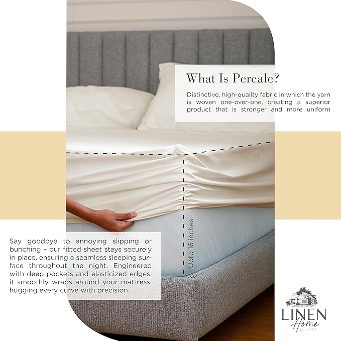 Linen Home 100% Cotton Percale Sheet Set Pack of 2, King Size, Ivory, Deep Pocket, 8 Pieces Set - 2 Flat, 2 Deep Pocket Fitted Sheet and 4 Pillowcases, Crisp Cool and Strong Bed Linen