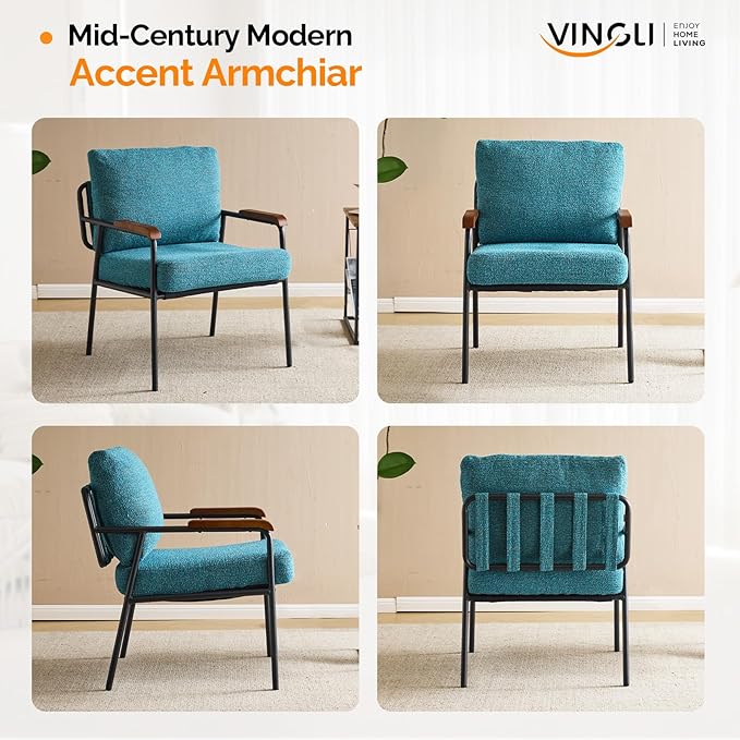 VINGLI Mid-Century Modern Accent Armchiars Set of 2 for Small Space, Small Comfy Upholstered Leisure Reading Chairs with Wood Armrests for Bedroom, Living Room, Waiting Room, Linen Teal
