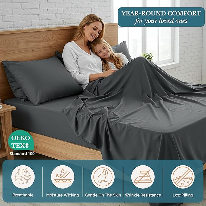 Casa Platino 4Piece Charcoal Microfiber King Sheet Set, Pre-Washed Ultra Soft, Breathable, Deep Pockets - Bed Linen Set