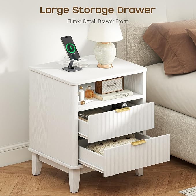 Night Stand with Charger Station, Fluted Nightstand with Drawers and Storage Shelf, Mid Century Modern Bedside Table Nightstands, Large Bed Side Table Wood Night Stands for Bedroom Living room