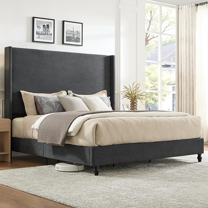 Queen Bed Frame with 63" Tall Headboard, Horizontal Fine Corduroy Bed Frame with Wingback, Upholstered Platform Bed, Vintage Solid Wood Gourd Legs, No Box Spring Needed, Black