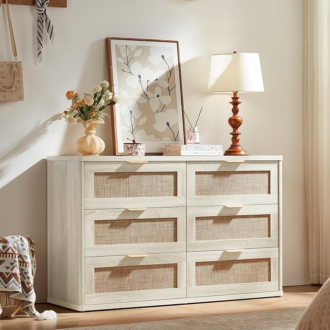 LEYAOYAO Rattan Dresser and Nightstand Sets 3 Piece, Boho Wood Dresser for Bedroom with 6 Drawers and Night Stand with 3 Drawer, Bedroom Furniture, Dressers & Chests of Drawers, Living Room, Hallway