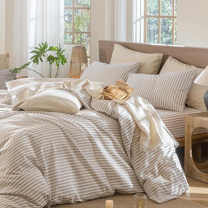 MooMee Striped Duvet Cover Set 100% Washed Cotton Linen Like Textured Breathable Durable Soft Comfy (Tannish Linen Grey White Classic Stripes, Super King 108"x98")