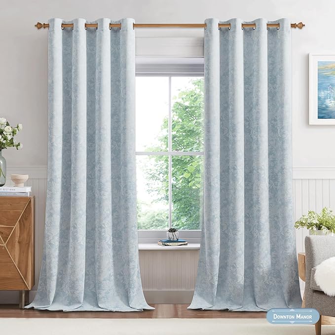 Beauoop Blue Floral Jacquard Blackout Curtains 90 Inches Long 2 Panels for Bedroom Living Room Chenille Flower Room Darkening Thermal Insulated Soundproof Grommet Window Treatments Drapes, 52x90