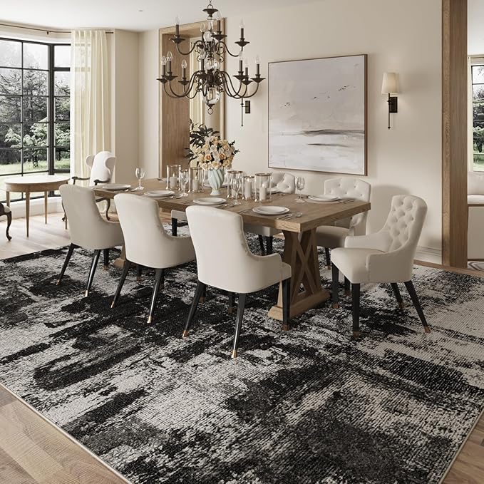 5x7 Area Rug Living Room Rugs - Machine Washable Neutral Abstract Rugs for Dinning Room Indoor Floor Non Silp Rug Carpet for Bedroom Home Office Decor - Black White