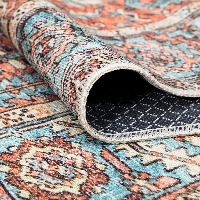 Bloom Rugs Washable Non-Slip 5' x 7' Rug - Orange/Blue Traditional Area Rug for Living Room, Bedroom, Dining Room, and Kitchen - Exact Size: 5' x 7'