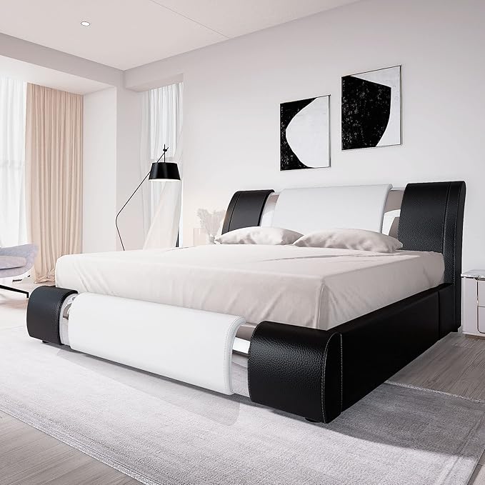 Allewie King Size Bed Frame with Iron Piece Decor, Faux Leather Upholstered Platform Bed with Curved Adjustable Headboard, Wooden Slats Support, No Box Spring Needed, Modern Black and White