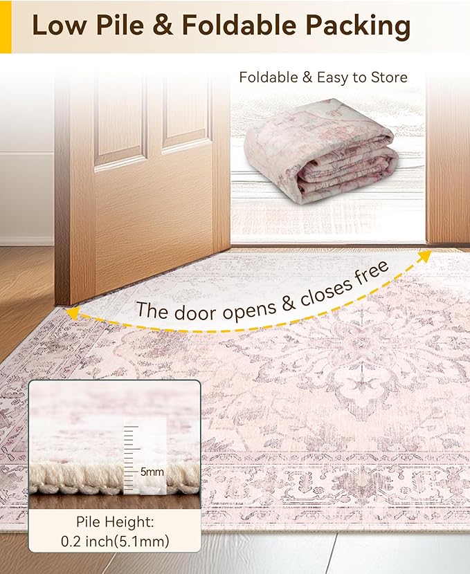 Area Rugs 2'x3' Washable Non-Slip, Floral Vintage Distress Print Pattern Medallion Carpet for Living Room Bedroom Dining Room, Pink Greypink Cute