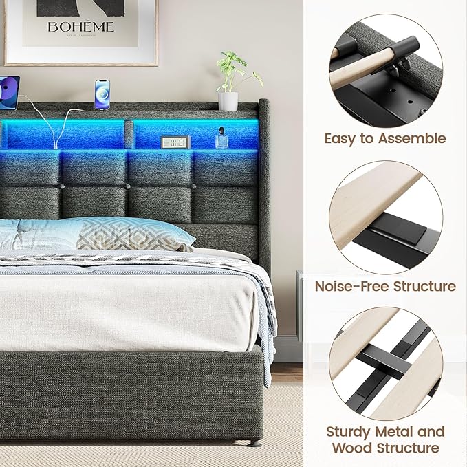 Lift Up Queen Bed Frame with Storage, Upholstered Bed Frame Queen Size with LED Lights Headboard and Charging Station, No Box Spring Needed, Easy Assembly - Dark Grey