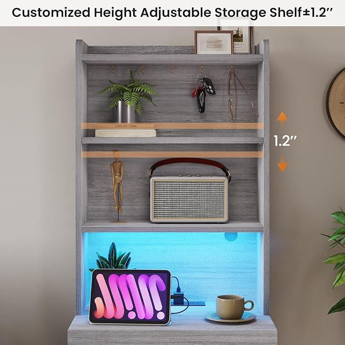 VIAGDO Tall Nightstand with Charging Station and LED Lights, Large Grey Night Stand with Bookshelf, Modern LED Bedside Table with 3 Drawers and Storage Shelves, End Side Table for Bedrooms, Dorms