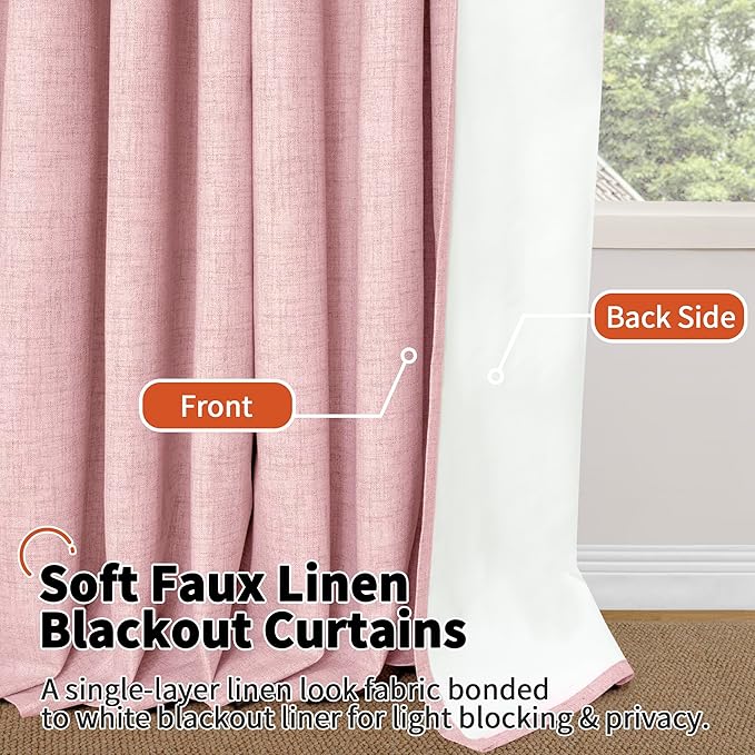 Baby Pink Linen Blackout Curtains for Nursery 45 Inch Length 2 Panels, Short Thermal Insulated Boho Total Black Out Noise Reducing Small Window Curtains for Girls Bedroom, Each 38 Inch Wide