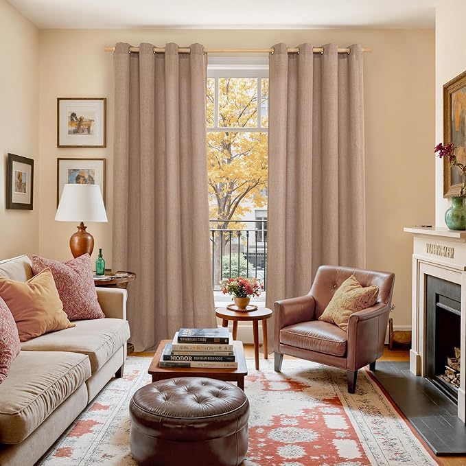 YoungsTex Mocha Brown Linen Curtains 95 Inch Length for Living Room, Light Filtering Drapes with Grommet Semi Sheer Floor Length for Dining Bedroom Window, 2 Panels, 52 X 95 Inch