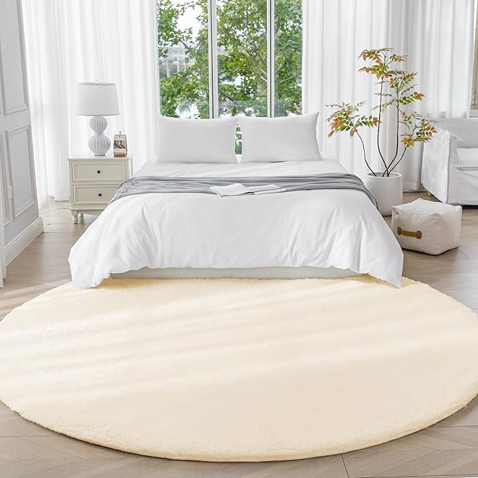 Amazon Basics Fluffy Washable Round Area Rug, Circle Shaggy Carpet for Living Room, Bedroom, Nursery, 8'R, Beige