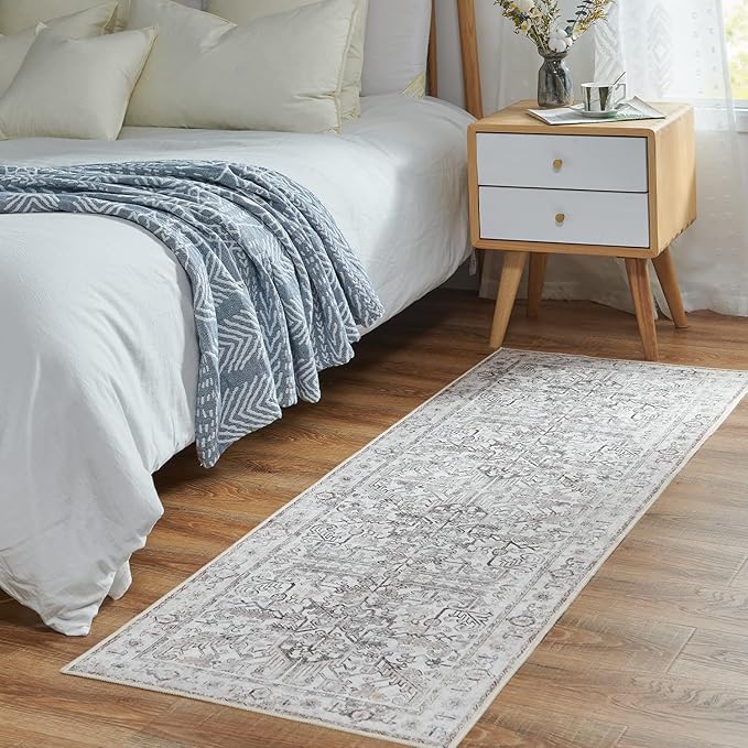 jinchan Lima Runner Rug 2x6 - Vintage Hallway Machine Washable Rug Floral Non Slip with Rubber Backing Ultra-Thin Carpet Runner for Kitchen Bedroom Laundry Room Farmhouse Entryway (2x6ft, Taupe)