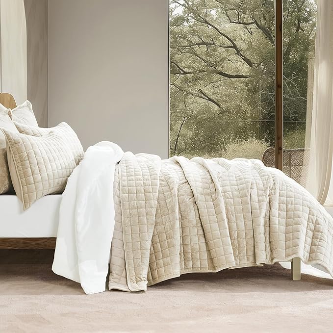 RECYCO Luxury Velvet Quilt Set Full Queen Size Bedding Sets, Ultra Soft Velvet Comforter Set, Lightweight Channel Box Stitch Oversized Bedspread Coverlet for All Season, with 2 Shams, Beige