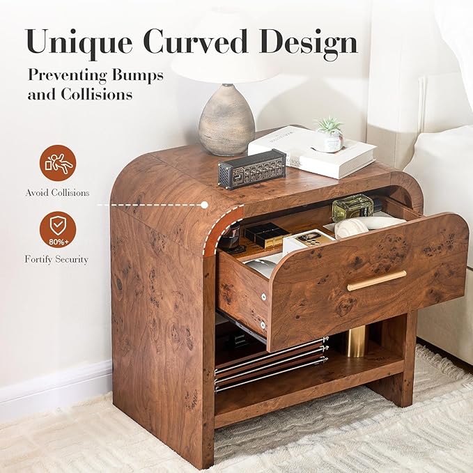 Night Stand [Unique Curved Profile] [FSC-Certified Wooden Board] 1-Drawer and 1 Storage Shelf Nightstand 24" H Metal Handle Modern Bedside Table Side Table End Table
