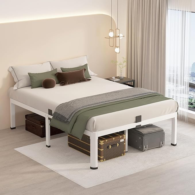 MAF 12 Inch Full Size Metal Platform Bed Frame White with Round Corner Legs, Mattress Slide Stopper, 3000 LBS Heavy Duty Steel Slats Support, Noise Free, No Box Spring Needed, Easy Assembly