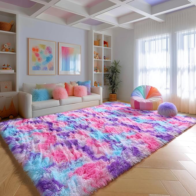 PAGISOFE Rainbow Purple Rugs for Girls Bedoom 5x7 Ft, Fluffy Cute Colorful Pastel Princess Carpet for Living-Room Kids Nursery, Ultra Soft Dorm Rug for Room Decor Aesthetic,Hot Pink Bedroom Decor