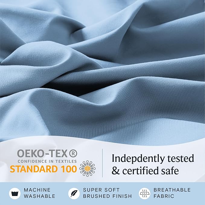 LuxClub 5 PC Split King Sheet Set, Deep Pockets Wrinkle Free Cooling Bed Sheets Hotel Bedding for Women, Men, Includes 2 Fitted Sheet, 1 Flat Sheet and 2 PillowcasesSoft Sky