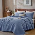 DOWN HOME Queen Quilt Set with Shams Lightweight Quilted Bedspread Coverlet Thin Comforter Bed Cover Vintage Washed Quilted Blanket for All Season, Brushed Microfiber Diamond Stitching, Blue, 88"x92"