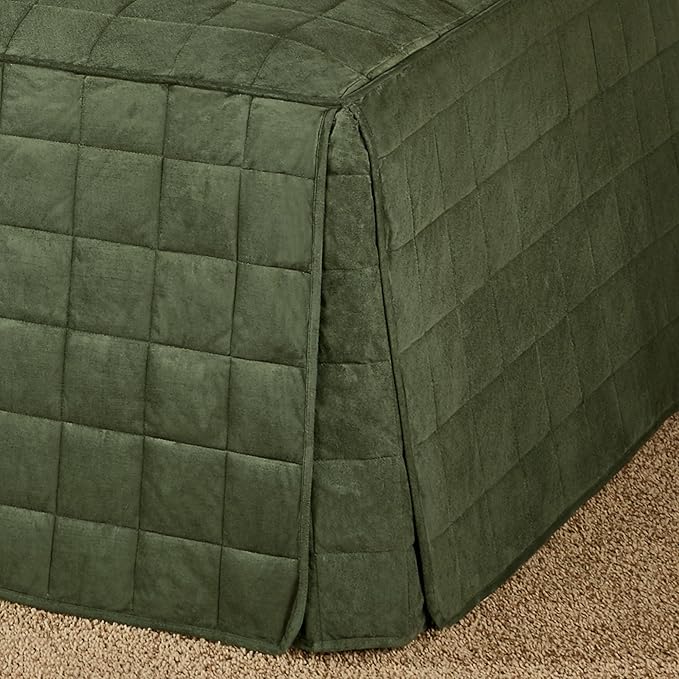 Camden Luxury Bedding | Deep Sage Green Color | Fitted Hollywood Daybed Bedding | Faux Suede Box Quilted Design | 5 Piece Set With Extra Long Hollywood Cover, 2 Bolster Shams, and 2 Bolster Pillows