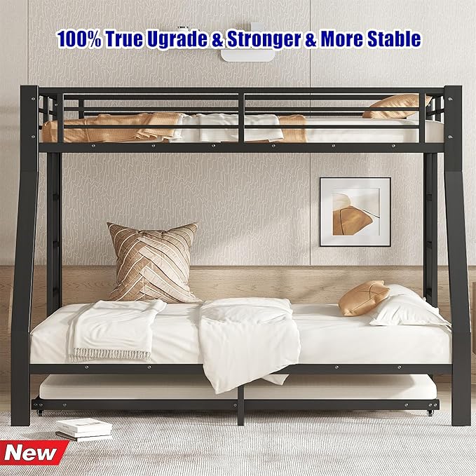 LUXIEE Upgraded & Stronger Heavy Duty Steel Twin Over Full Bunk Bed Frame, More Stable Safer Thickened Metal Bunkbeds with Twin Size Trundle (Twin Over Full)