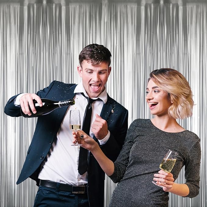 GOER 3.2 ft x 8.2 ft Metallic Tinsel Foil Fringe Curtains,Party Streamer Backdrop for Birthday,Graduation Decorations and New Year Eve (2 Pcs,Matte Silver,Thick Material)
