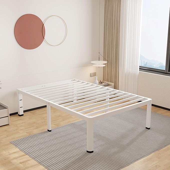 ROIL 14 Inch White Twin XL Bed Frame with Rounded Corner and Headboard Hole Mattress Retainers, 3500LBS Heavy Duty Steel Slats No Box Spring Needed Platform Noise-Free Easy Assembly