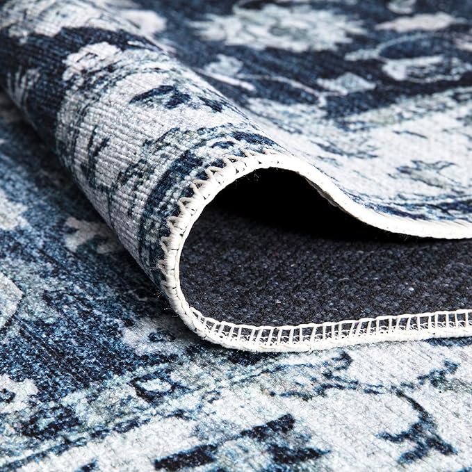 Bloom Rugs Washable Non-Slip 9' x 12' Rug - Dark Blue Traditional Bordered Area Rug for Living Room, Bedroom, Dining Room, and Kitchen - Exact Size: 9' x 12'